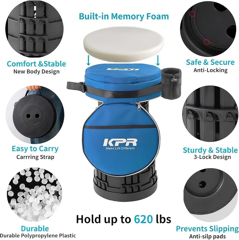 KPR 2026 Upgraded Collapsible Stool & 3IN1 Cushioned Carry Bag, Portable Telescopic Camping Chair, Adjustable Height Folding Step Stool Retractable Seat or Footrest for Outdoors & Indoor, Max 620lbs - Image 4