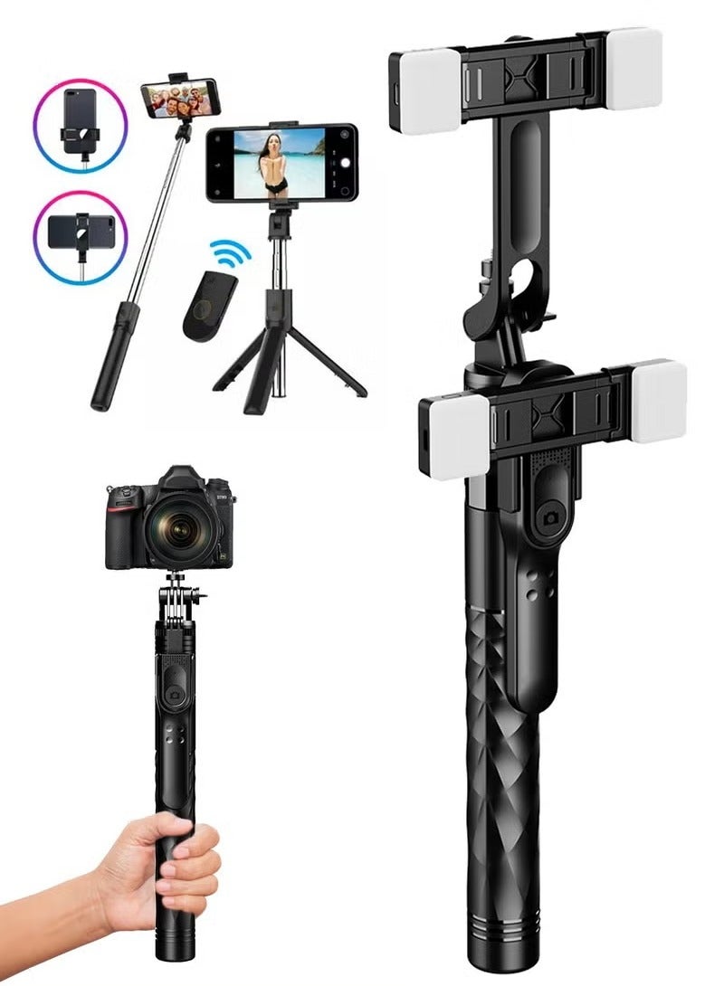 XiuWoo Dual Phone Holder Clip and Fill Light Selfie Stick,175cm Retractable Tripod,Detachable Dual Flash Tripod,10m Bluetooth Control, Stable Anti-shake Handle, Suitable for Various Phones and SLR cameras  - Image 1