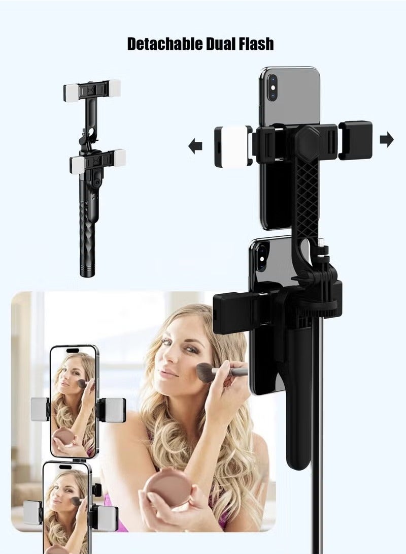 XiuWoo Dual Phone Holder Clip and Fill Light Selfie Stick,175cm Retractable Tripod,Detachable Dual Flash Tripod,10m Bluetooth Control, Stable Anti-shake Handle, Suitable for Various Phones and SLR cameras  - Image 3