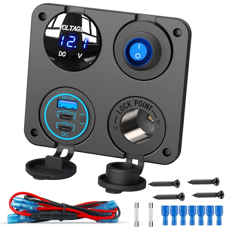 Qidoe 12V USB Outlet Socket Panel 4 in 1 58W Dual PD30 USB C 12V USB Charger 150W Marine Cigarette Lighter Socket 12v Splitter with Voltmeter Digital Display and Waterproof Rocker Toggle Switch 15A Fuse - Image 3