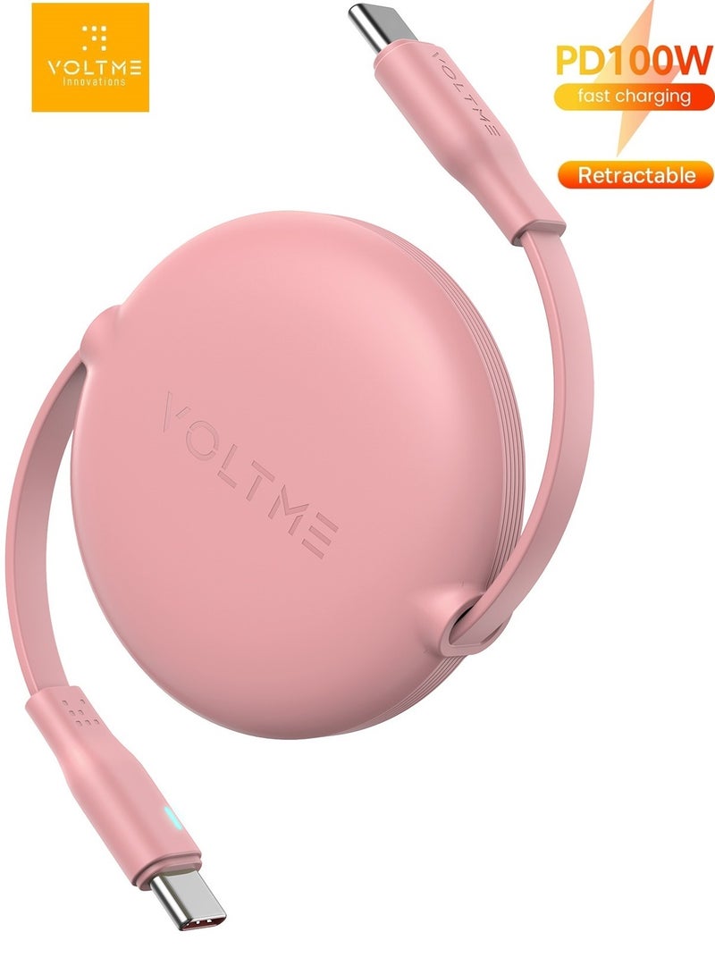 VOLTME 100W Retractable USB Type-C Cable 1m, 5A Fast Charging with Power Delivery, Type-C to Type-C Car Charger Cable, Compatible with iPhone 16 Pro/16 Pro Max/16 Plus, iPhone 15 Series, iPad Mini 6, MacBook Pro/Air, iPad Pro, Samsung S25/S24/S23 Ultra, Huawei P60, High-Speed ​​Charging Cable with Power Delivery - Pink  - Image 1