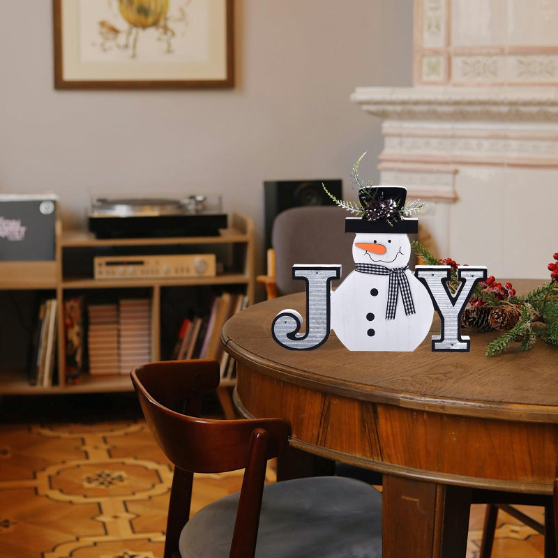 IDATOO Wooden Christmas Block Sign  Snowman Decor  Premium Winter Decorations for Home  Indoor Snowman Decorations  Christmas Joy Sign for Mantel  Table Centerpiece  Holiday Decor (White) - Image 2