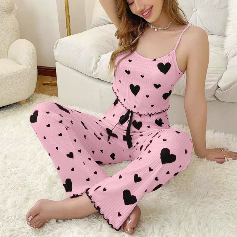 Women's Printed Three-Piece Pajama Set Sleeveless Cami Top with Pants and Matching Layer - Image 1