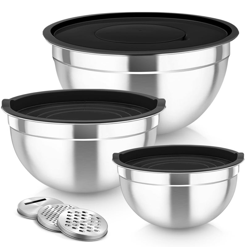 TeamFar Mixing Bowls, Stainless Steel Nesting Salad Bowls with Lids Set of 3 & 3 Grater Attachments, For Mixing/Serving/Storing, Non-toxic & Long-lasting, Size 4.6/3 / 1.5 QT, Black - Image 1