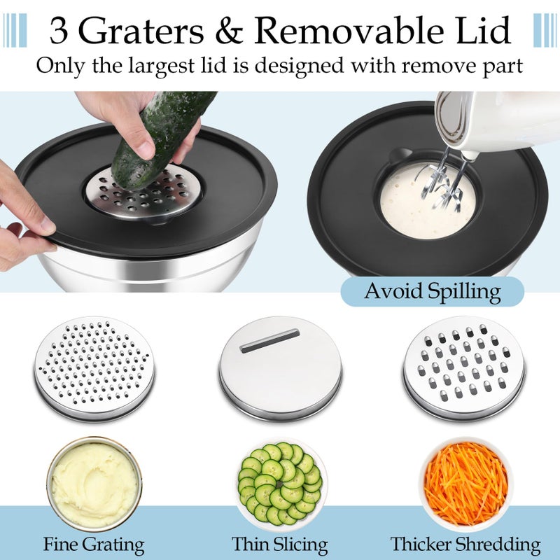 TeamFar Mixing Bowls, Stainless Steel Nesting Salad Bowls with Lids Set of 3 & 3 Grater Attachments, For Mixing/Serving/Storing, Non-toxic & Long-lasting, Size 4.6/3 / 1.5 QT, Black - Image 3