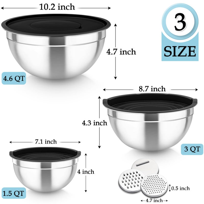 TeamFar Mixing Bowls, Stainless Steel Nesting Salad Bowls with Lids Set of 3 & 3 Grater Attachments, For Mixing/Serving/Storing, Non-toxic & Long-lasting, Size 4.6/3 / 1.5 QT, Black - Image 2