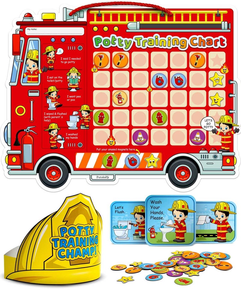 Putska Potty Training Chart with 35 Stickers, 3 Reminder Stickers and Crown for Toddlers Boys and Girls - Potty Training Rewards for Kids - Fireman - Image 1
