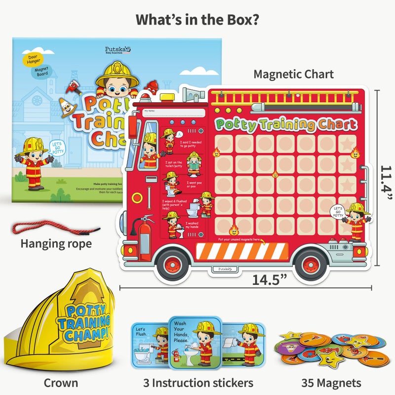 Putska Potty Training Chart with 35 Stickers, 3 Reminder Stickers and Crown for Toddlers Boys and Girls - Potty Training Rewards for Kids - Fireman - Image 4