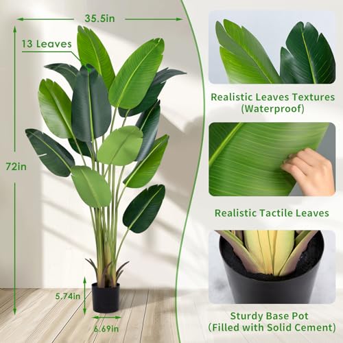 CETRD Artificial Bird of Paradise Plant 6Ft Fake Tropical Palm Tree with 13Trunks Faux Banana Leaf Trees in Pot for Home Indoor Outdoor Office Modern Decor Housewarming Gift - Image 3