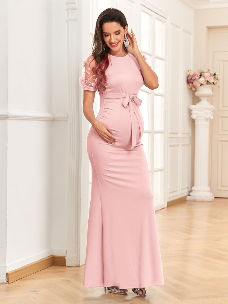 AISWI Maternity Mermaid Maxi Dress Elegant 3D Floral Mesh Sleeve Ribbed Knit Gown with Belt for Baby Shower Photoshoot, Blush Pink, XL - Image 4