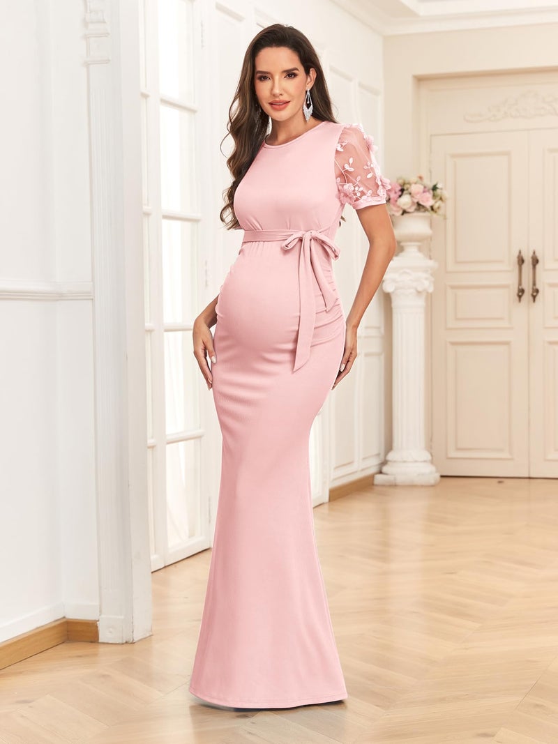 AISWI Maternity Mermaid Maxi Dress Elegant 3D Floral Mesh Sleeve Ribbed Knit Gown with Belt for Baby Shower Photoshoot, Blush Pink, XL - Image 2