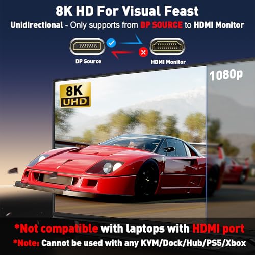UANTIN 8K DisplayPort 1.4 to HDMI 2.1 Cable (4K@120Hz,2K@144Hz) 3FT Uni-Directional DP (Source) to HDMI (Display) Cord Display Port Support HDCP 2.3 HDR10 for AMD, NVIDIA, Not Work with PS5 - Image 2