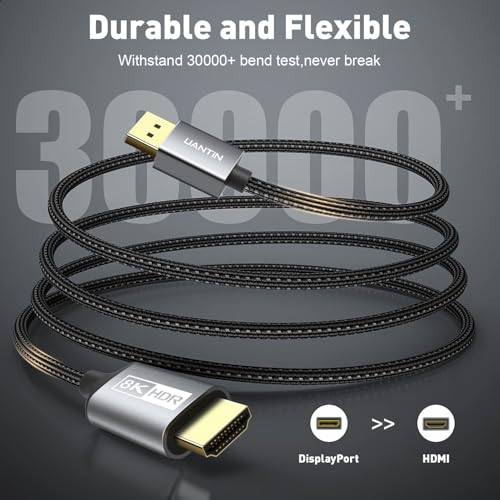 UANTIN 8K DisplayPort 1.4 to HDMI 2.1 Cable (4K@120Hz,2K@144Hz) 3FT Uni-Directional DP (Source) to HDMI (Display) Cord Display Port Support HDCP 2.3 HDR10 for AMD, NVIDIA, Not Work with PS5 - Image 5