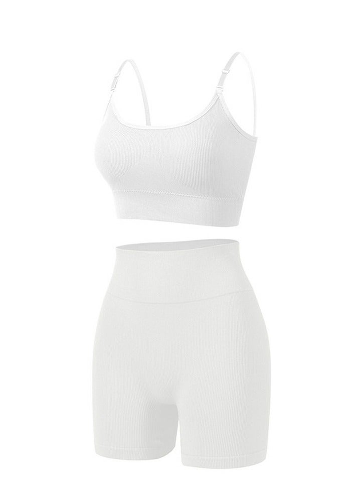 Loquat Women's Solid Color Sport Fitness Lingerie Set 2-piece Seamless Wireless Bra+High Waist Boxer Shorts Sport Suit White 