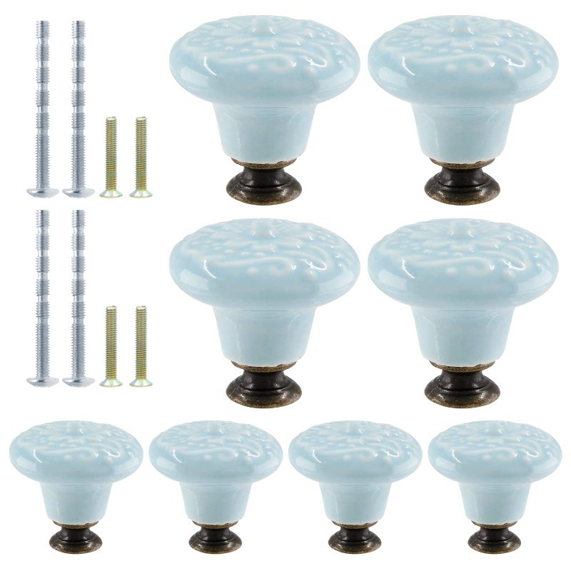 Suiwotin 8pcs Light Blue Ceramic Knobs Pulls Vintage Retro Dresser Cabinet Knobs for Closet Cupboard Furniture Doors - Image 2
