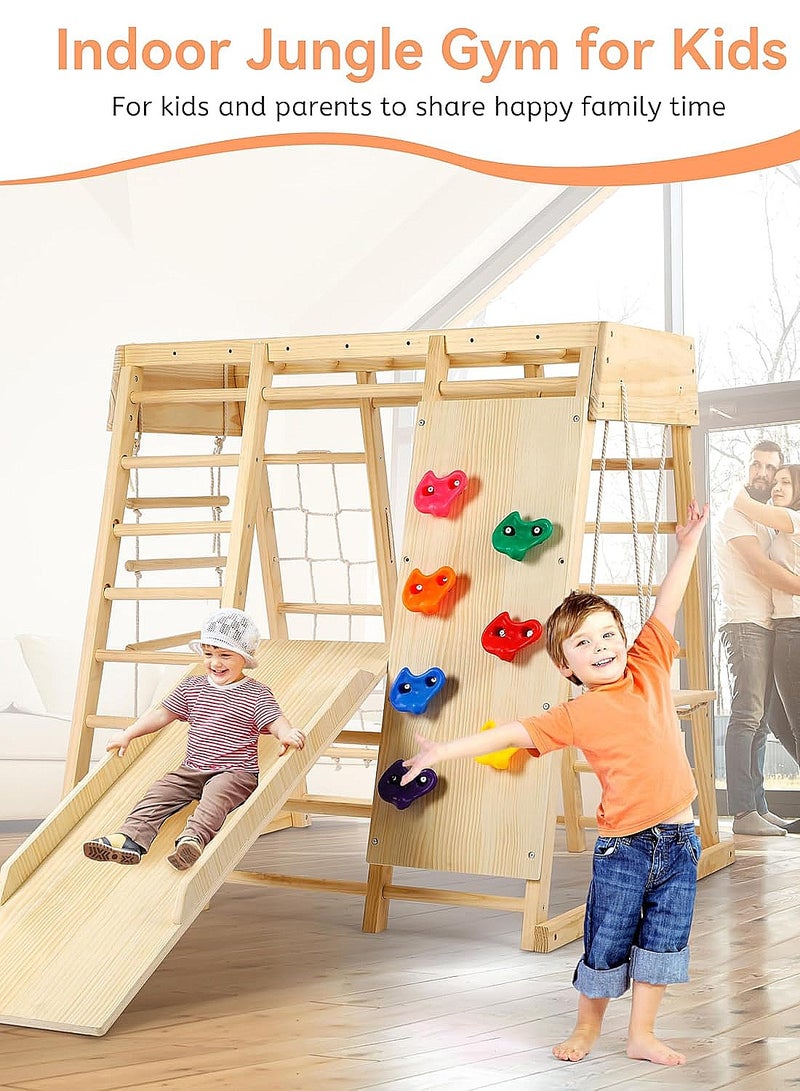 MaBaby Indoor Jungle Gym Kids Toys 7 Functions Wooden Baby Toddler Climbing Toys Montessori Children Climbing Toy Set with Slide Climbing Rocks Climbing Net Horizontal Bar Climbing Ladder Rope Ladder and Swing - Image 4