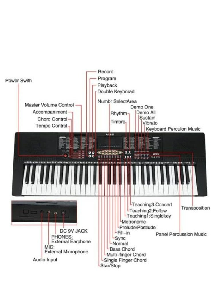 Mike Music 61-Key Teaching Electronic Keyboard with Adjustable Stand and Microphone, 33-96.5 cm Adjustable Height, 27.9-96.5 cm Adjustable Width - YM-288  - Image 3