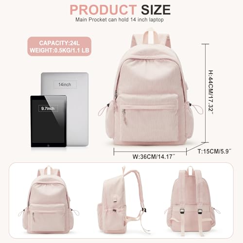 WEPOET School Backpack for Teens Boys Girls Cute Corduroy Bookbag Classic Casual High School Bag Lightweight College Backpack For Women Men(Pink) - Image 2