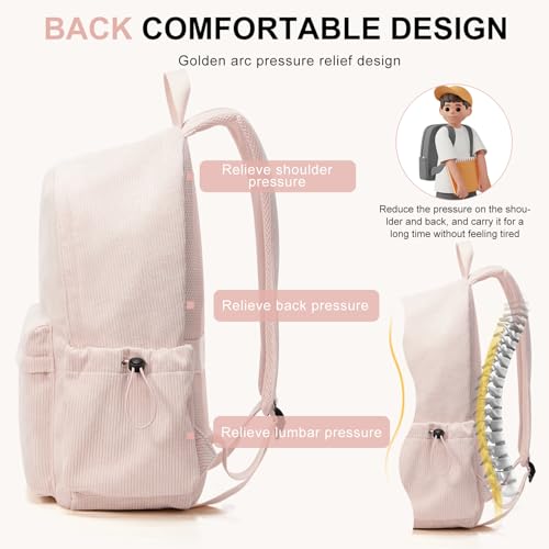 WEPOET School Backpack for Teens Boys Girls Cute Corduroy Bookbag Classic Casual High School Bag Lightweight College Backpack For Women Men(Pink) - Image 5