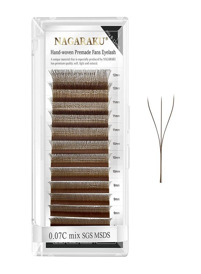NAGARAKU W Eyelash Extension 3D Volume Premade Brown Lashes Cluster Easy Fanning yy Eye Lashes with Thickness 0.07mm Curl C (Length - Mix 8-12mm) - Image 1