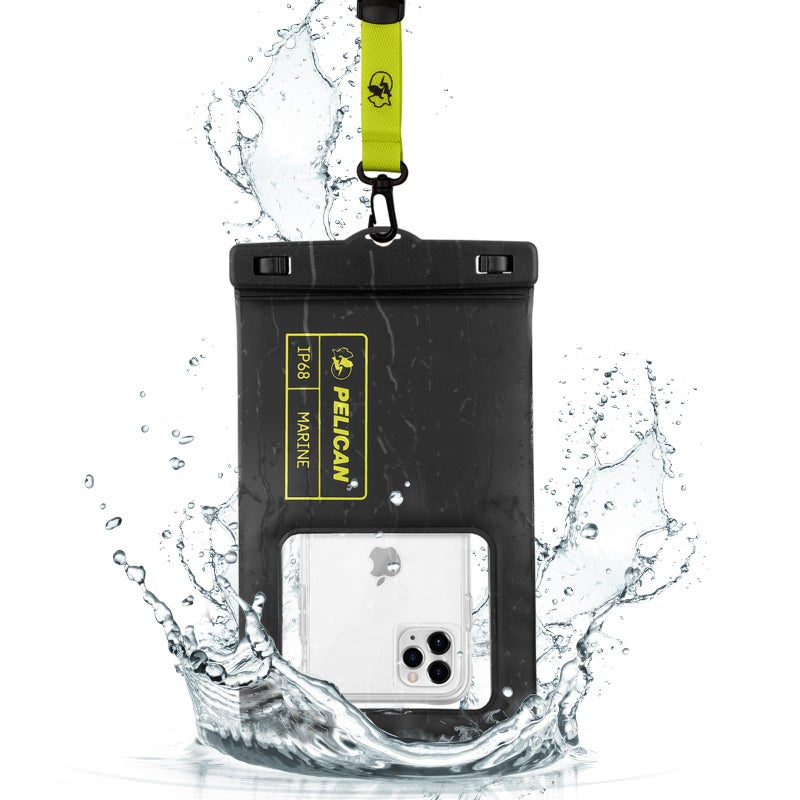 Pelican Marine - IP68 Waterproof Phone Pouch (XL Size) Floating Waterproof Phone Case - Beach Cruise Ship Travel Essentials - Works with All Phones - Detachable Lanyard - Black/Hi-Vis Yellow - Image 1