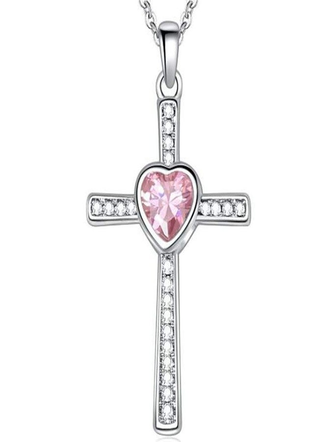 Jude Jewelers Stainless Steel Heart Shape Birthstone Cross Pendant Necklace (Oct- Tourmaline)
