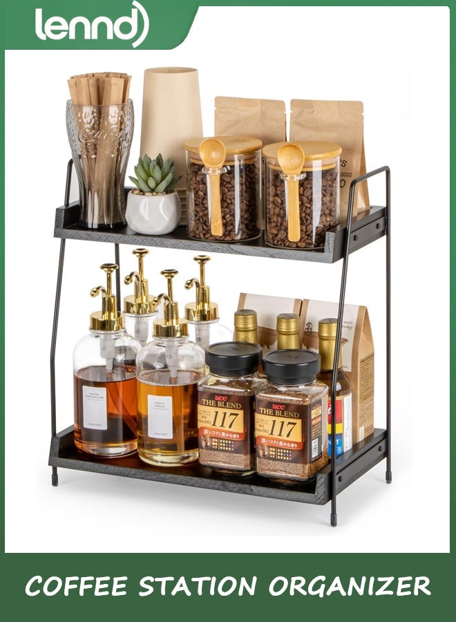 LENND Countertop Coffee Station Organizer, 2 Tier Wooden Shelf for Coffee Bar Accessories, Condiment Storage Caddy for Kitchen, Home, Office - Black - Image 1