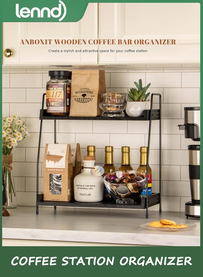 LENND Countertop Coffee Station Organizer, 2 Tier Wooden Shelf for Coffee Bar Accessories, Condiment Storage Caddy for Kitchen, Home, Office - Black - Image 2