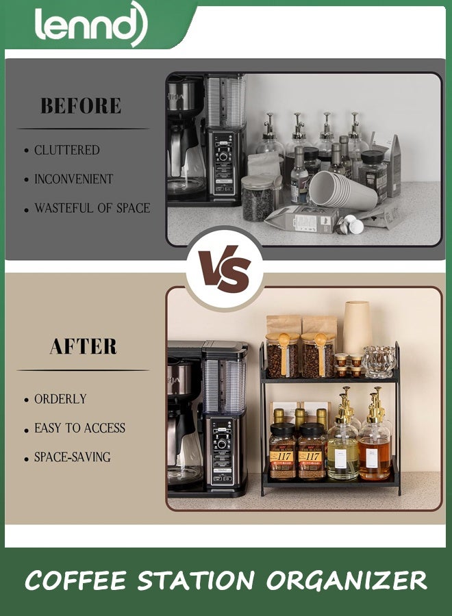 LENND Countertop Coffee Station Organizer, 2 Tier Wooden Shelf for Coffee Bar Accessories, Condiment Storage Caddy for Kitchen, Home, Office - Black - Image 4