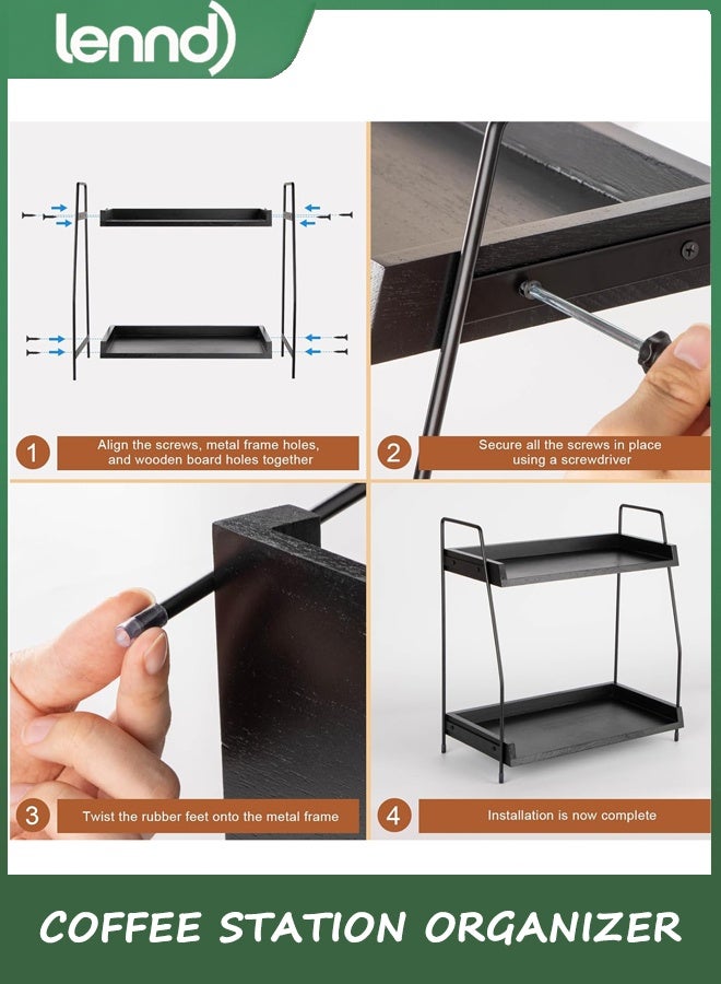 LENND Countertop Coffee Station Organizer, 2 Tier Wooden Shelf for Coffee Bar Accessories, Condiment Storage Caddy for Kitchen, Home, Office - Black - Image 5
