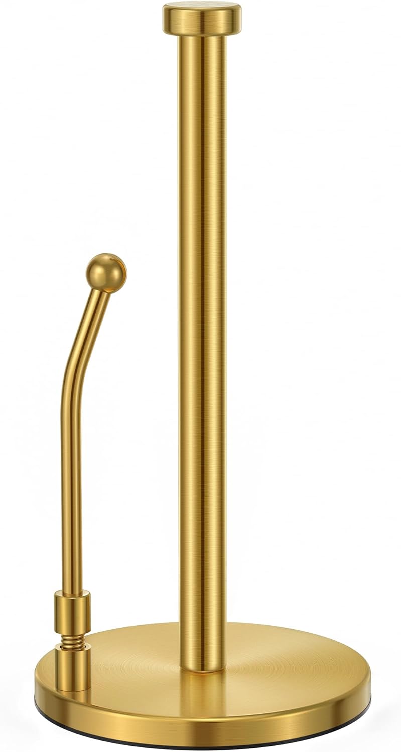 SMARTAKE Paper Towel Holder, Paper Towel Dispenser Standing Weighted Base Non Slip, Spring Arm Fit Most Size Paper Roll, Stainless Steel Kitchen Roll Stand for Home Kitchen Countertop Tabletop, Gold - Image 1