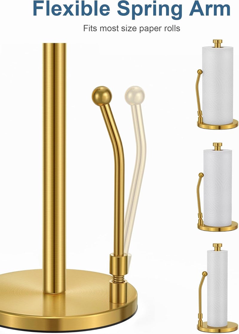 SMARTAKE Paper Towel Holder, Paper Towel Dispenser Standing Weighted Base Non Slip, Spring Arm Fit Most Size Paper Roll, Stainless Steel Kitchen Roll Stand for Home Kitchen Countertop Tabletop, Gold - Image 4