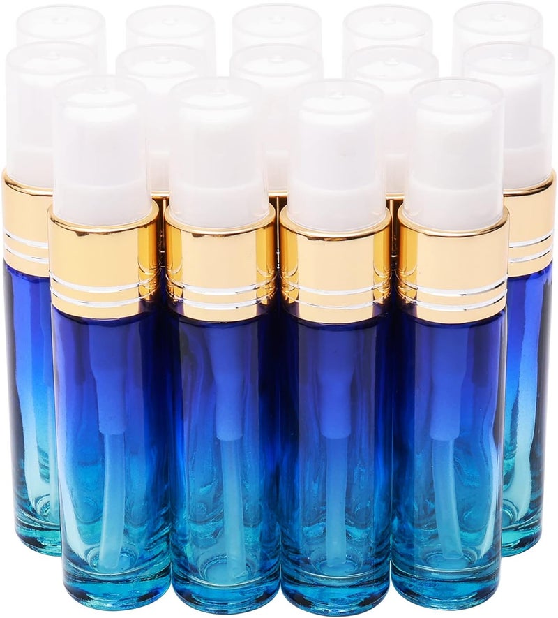 NewZoll 14Pcs 10ml (1/3 oz) Blue Gradient Color Spray Bottles Glass Vials Tube Perfume Atomizer Refillable Makeup Travel Fine Mist Sprayer Bottle Containers for Cosmetic Skincare, Gold Cap 