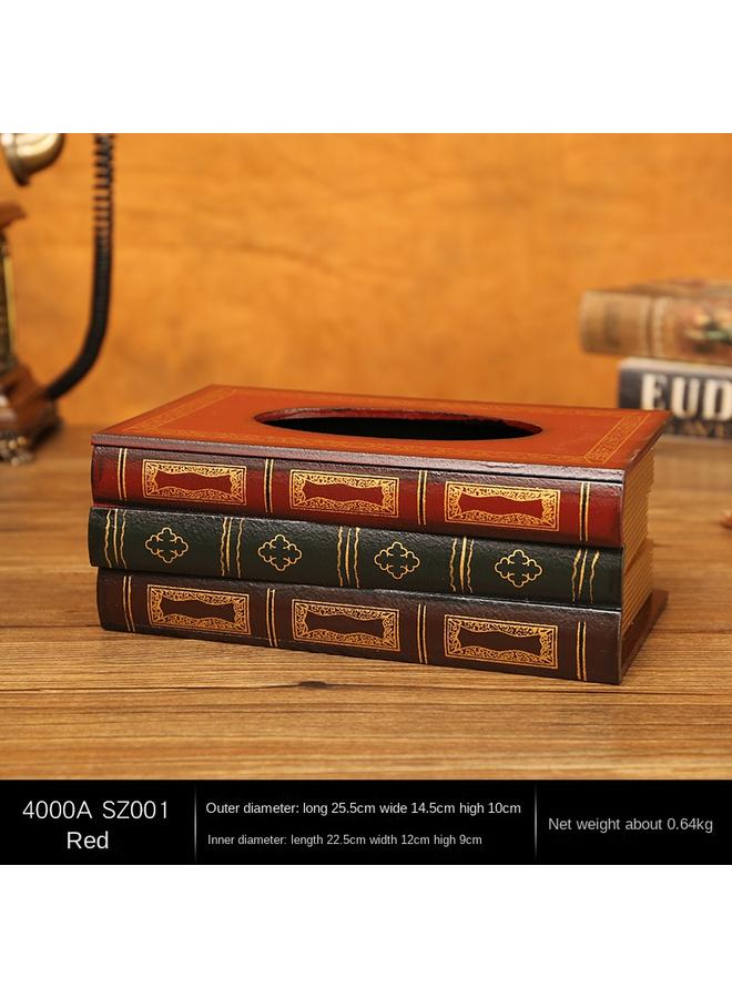 Bluejw Retro European-style Book Tissue Box Wooden Craft Paper Suction Box Simulation Hand-painted Book-shaped Large Capacity Napkin Paper Suction Box  - Image 1