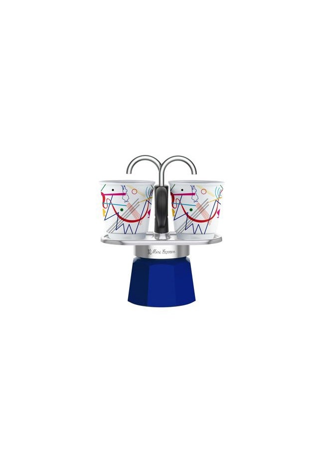 BIALeTTI Mini Express Kandinsky: Moka Set includes Coffee Maker 2-Cups (2.8 Oz) + 2 shot glasses, Light Blue, Aluminum - Image 1