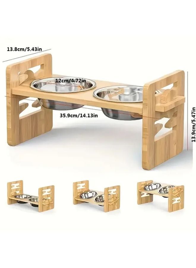 Brown Adjustable Height Angle Elevated Dog Feeder With 2 Stainless Steel Bowls Non Slip Bamboo Base For Small Dogs Cats - Image 5