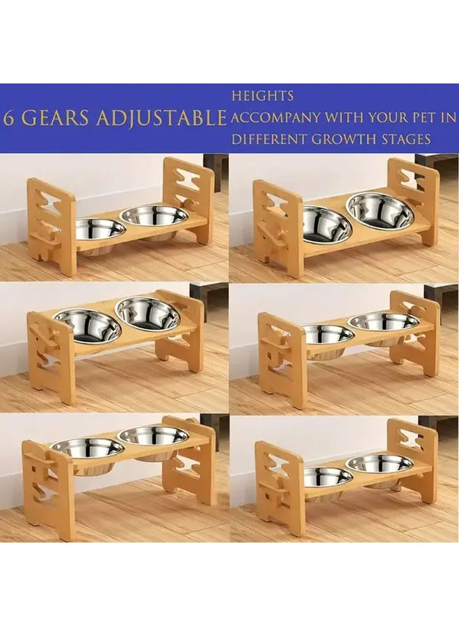 Brown Adjustable Height Angle Elevated Dog Feeder With 2 Stainless Steel Bowls Non Slip Bamboo Base For Small Dogs Cats - Image 1