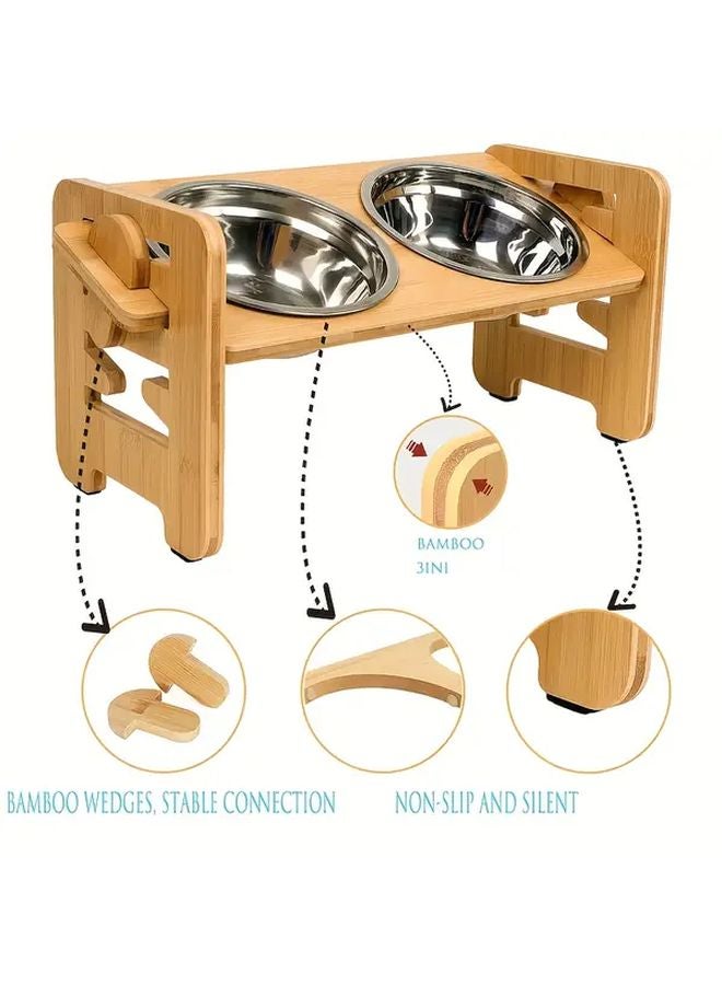 Brown Adjustable Height Angle Elevated Dog Feeder With 2 Stainless Steel Bowls Non Slip Bamboo Base For Small Dogs Cats - Image 3
