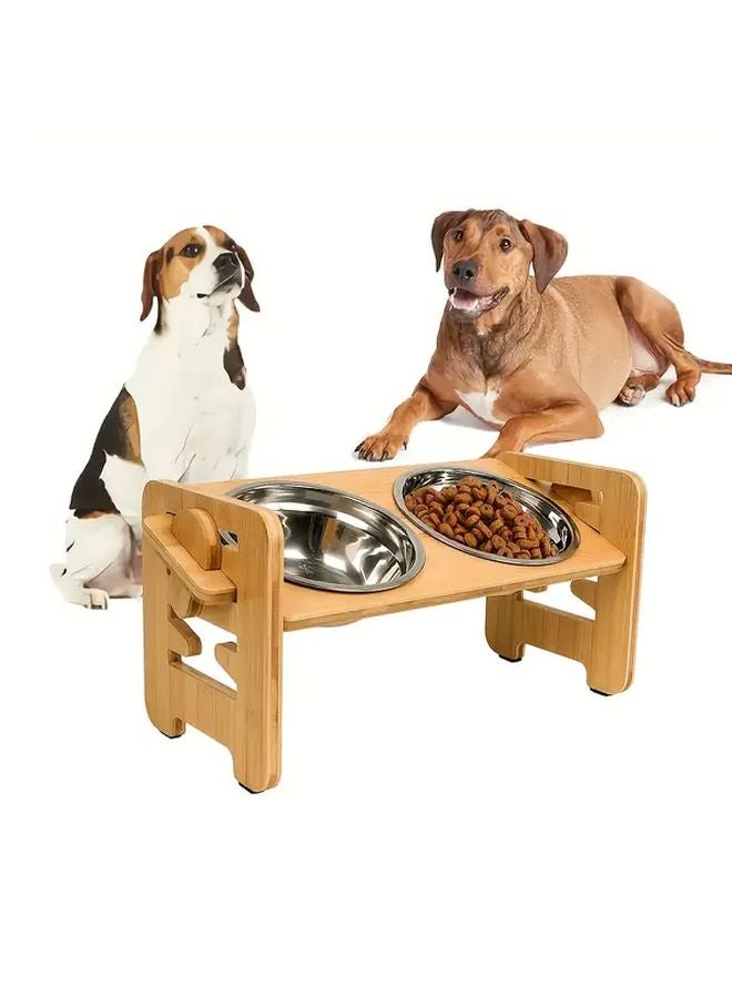 Brown Adjustable Height Angle Elevated Dog Feeder With 2 Stainless Steel Bowls Non Slip Bamboo Base For Small Dogs Cats - Image 2