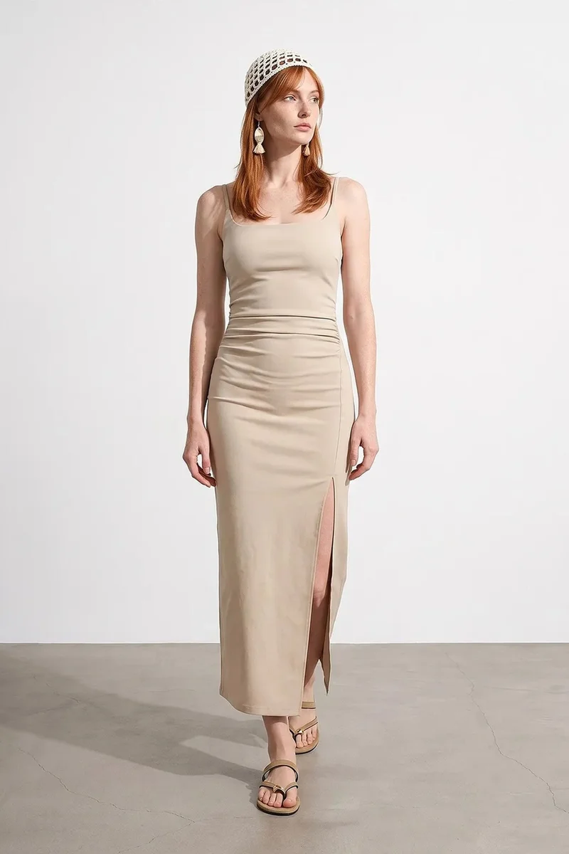 Dilvin Beige Natural DILVIN Women’s Sleeveless Bodycon Midi Dress for Women | Best Price UAE