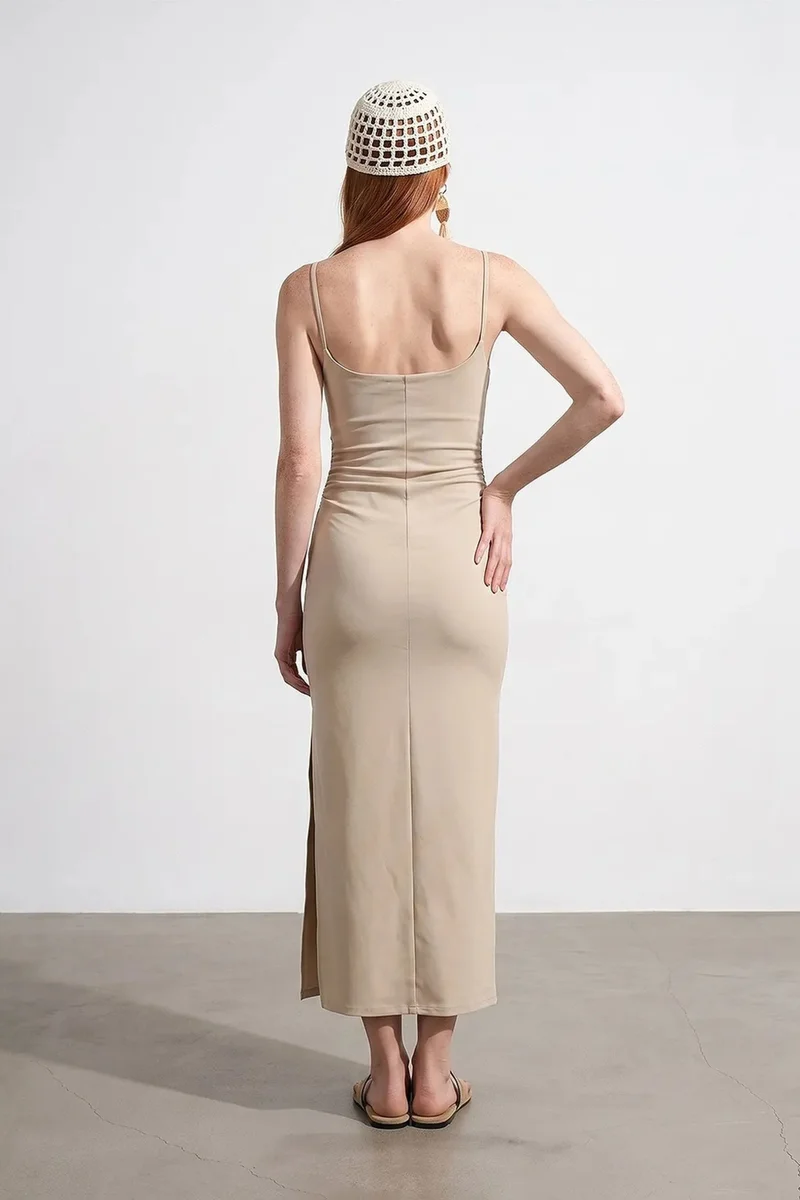 Dilvin Beige Natural DILVIN Women’s Sleeveless Bodycon Midi Dress for Women | Best Price UAE