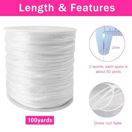 CICI Pamir Tong 2mm White Nylon Cord 100 Yards Satin Rattail Silk Cord Thread- Bracelet Cords-Beading String for Lanyard-Bracelet-Necklace-DIY Crafts & Jewelry Making - Image 2