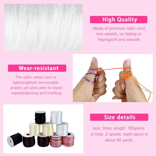 CICI Pamir Tong 2mm White Nylon Cord 100 Yards Satin Rattail Silk Cord Thread- Bracelet Cords-Beading String for Lanyard-Bracelet-Necklace-DIY Crafts & Jewelry Making - Image 3