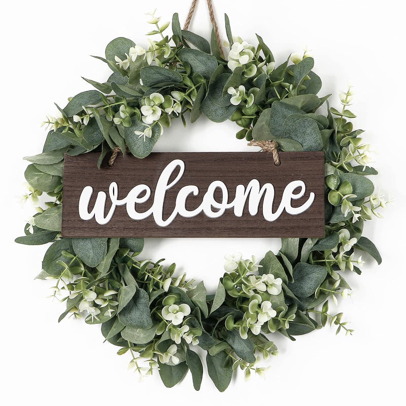 Dremisland Dremisland Wreath for Front Door 16 Inch Eucalyptus Leaves Wreath Green Leaves Wreath with Welcome Sign Door Wreath Spring Summer Wreath for Farmhouse Home Porch Indoor Outdoor Decor Coffee 