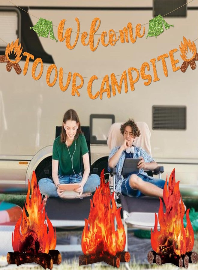MZ.ogm Camping Party Decorations for Classroom, Welcome to Our Campsite Banner 3D Campfire Centerpiece, Camping Themed Party Decorations, Campsite Party Decor, Gold - Image 3