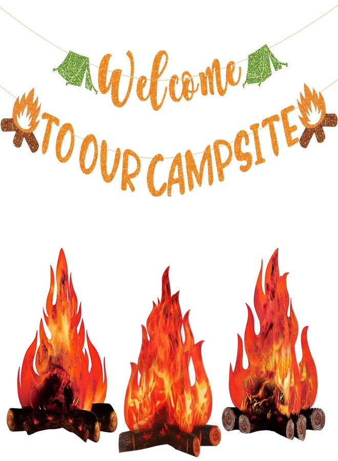 MZ.ogm Camping Party Decorations for Classroom, Welcome to Our Campsite Banner 3D Campfire Centerpiece, Camping Themed Party Decorations, Campsite Party Decor, Gold - Image 1