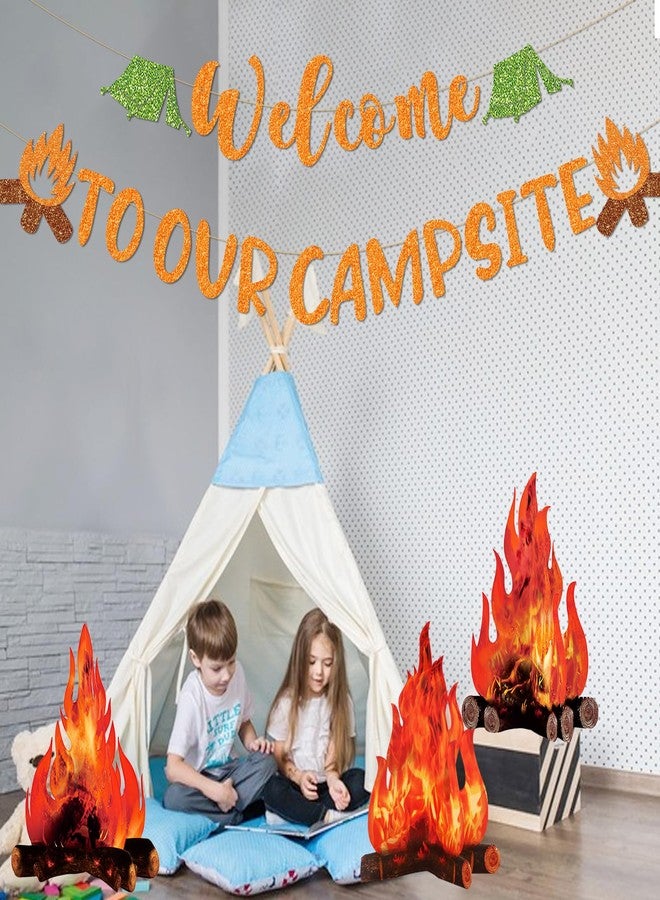 MZ.ogm Camping Party Decorations for Classroom, Welcome to Our Campsite Banner 3D Campfire Centerpiece, Camping Themed Party Decorations, Campsite Party Decor, Gold - Image 2