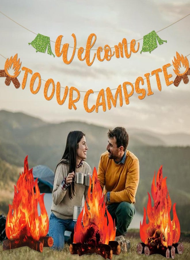 MZ.ogm Camping Party Decorations for Classroom, Welcome to Our Campsite Banner 3D Campfire Centerpiece, Camping Themed Party Decorations, Campsite Party Decor, Gold - Image 4