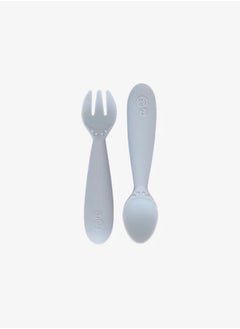 ezpz Baby Mini Fork And Spoon Set, Kids Cutlery Set With Case - 12M+ - Pewter  - Image 1