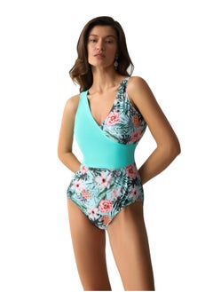 Women's Polyester Floral Print Swimsuit, Slim Fit, Turquoise